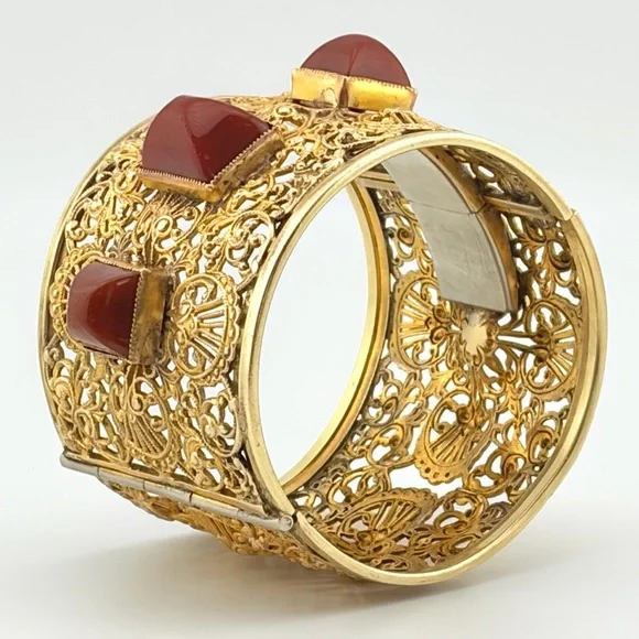 RARE Vintage Napier Gold Plated Brass Filigree Cuff With Carnelian Cabochons. - Picture 8 of 13